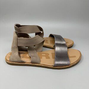 SOREL Ella II Sandal Size 7 Flat Metallic Taupe Leather Summer Spring Women’s